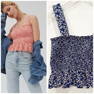 Urban Outfitters UO Demi Smocked Peplum Tank Top Daisy Print Blue Navy Large